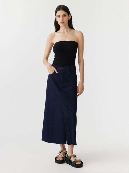 longerline denim skirt